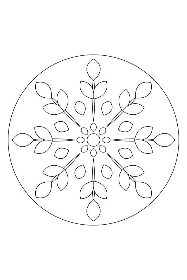 Eight repeating three-leaf sprigs, small oval accents and a petal center inside a circular frame.