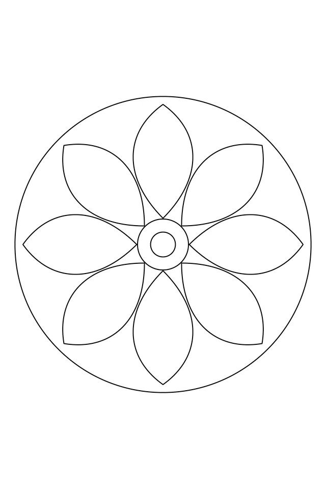 Eight broad pointed oval petals around a double circular center, enclosed by one larger circle.