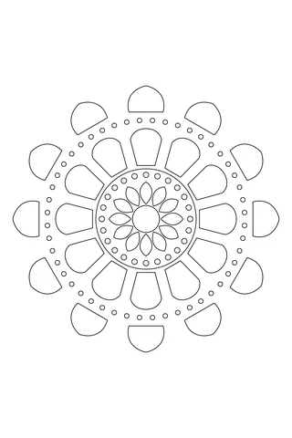 A twelve-part radial pattern with three petal tiers, two rings of small circles and an open round center.
