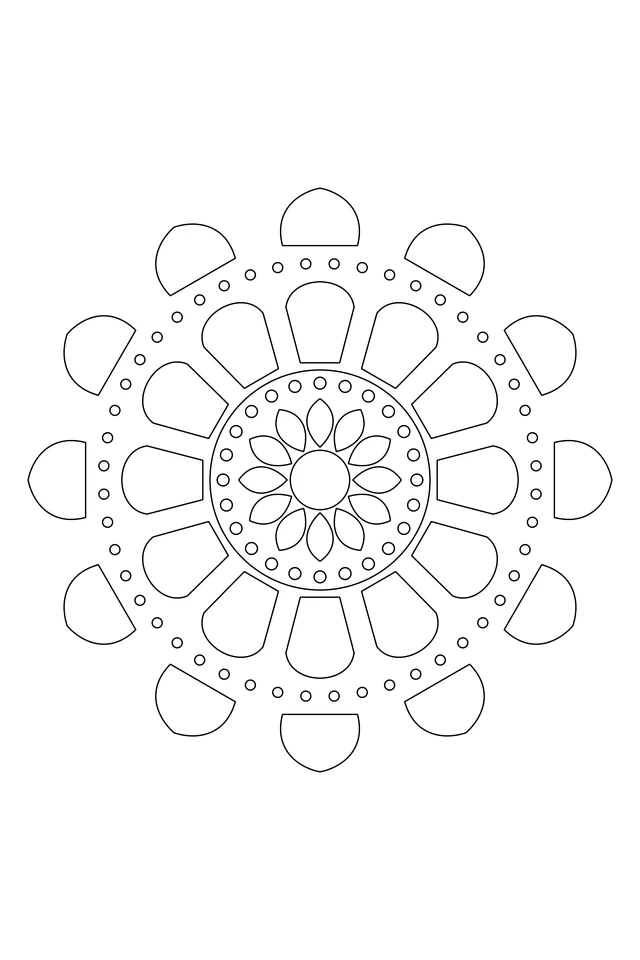A twelve-part radial pattern with three petal tiers, two rings of small circles and an open round center.