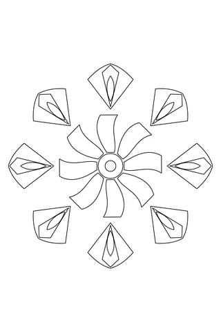 Eight curved ribbons surrounding a double circular center, with eight three-part fan shapes forming a pointed outside star.