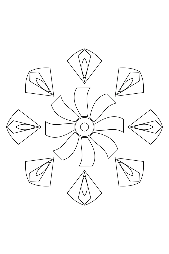 Eight curved ribbons surrounding a double circular center, with eight three-part fan shapes forming a pointed outside star.