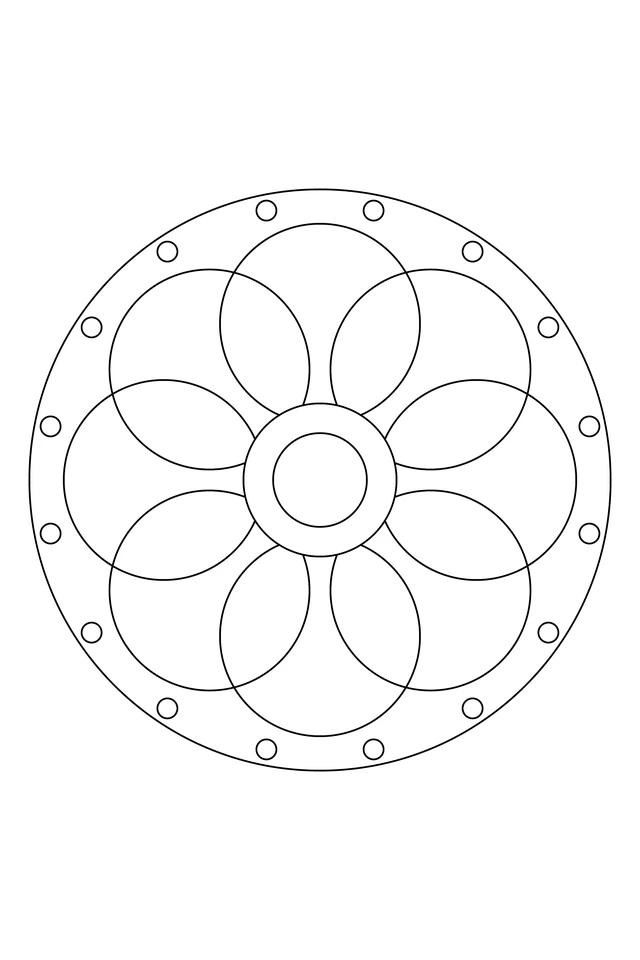 Eight overlapping circular arches around a central round medallion, with sixteen smaller circles around the outside.