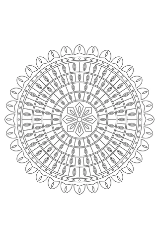 Four staggered circular tile bands with nested pointed oval inserts and thirty-two curved shell-like border panels.