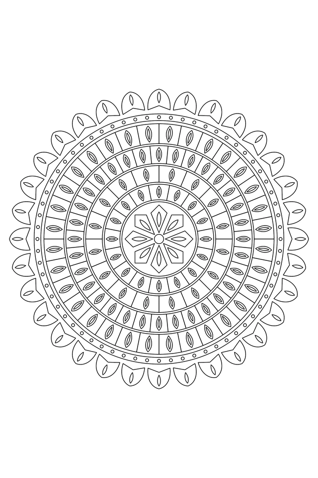 Four staggered circular tile bands with nested pointed oval inserts and thirty-two curved shell-like border panels.