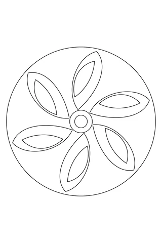 Six curved clockwise petal blades with inner ribbon shapes, a double circular center and a round outer border.