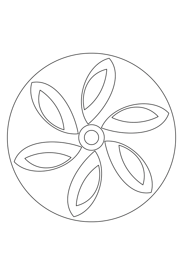 Six curved clockwise petal blades with inner ribbon shapes, a double circular center and a round outer border.