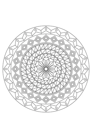 A twelve-fold geometric circular mosaic with a central faceted star, three staggered triangular tile bands, twenty-four framed diamonds and an angular outer crown.