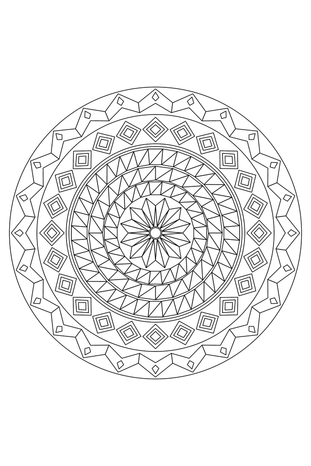 A twelve-fold geometric circular mosaic with a central faceted star, three staggered triangular tile bands, twenty-four framed diamonds and an angular outer crown.