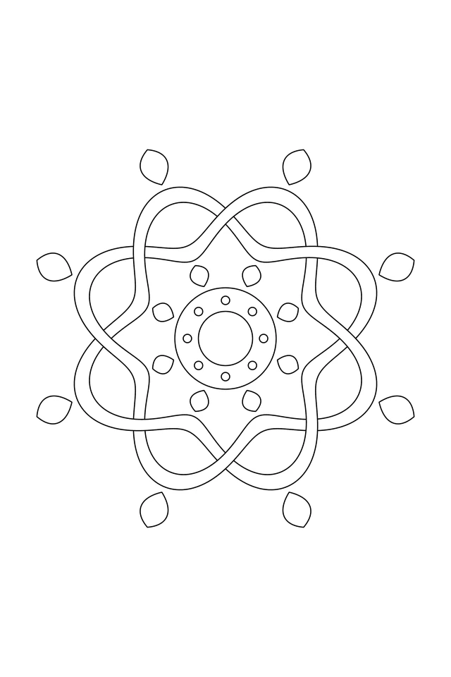Two interlaced wavy circular ribbons with eight alternating crossings, surrounded by eight oval accents and a beaded center.