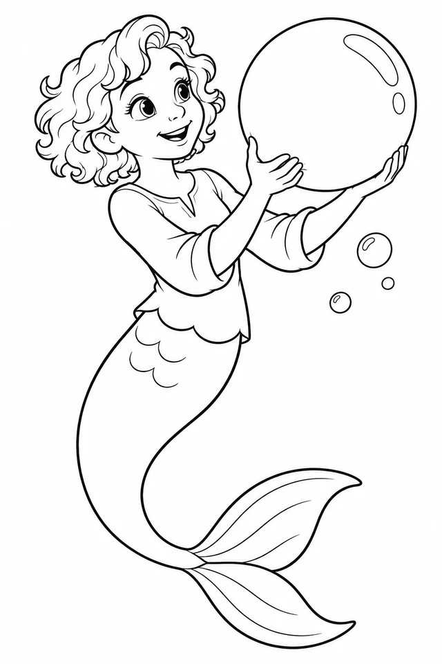 Clothed mermaid with curly hair holding one giant bubble in two hands, with a sweeping fish tail and three smaller bubbles.
