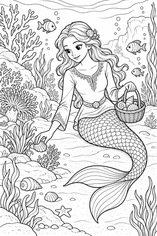 Mermaid in an embroidered sleeved tunic holding a shell basket and placing a shell beside underwater plants, with fish and coral shapes.
