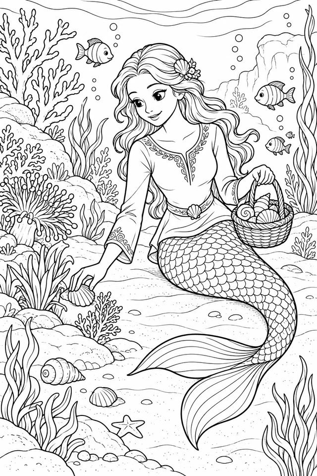 Mermaid in an embroidered sleeved tunic holding a shell basket and placing a shell beside underwater plants, with fish and coral shapes.