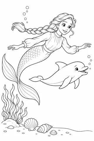 Clothed mermaid with a long braid swimming beside a stylized dolphin, above seaweed and shells.