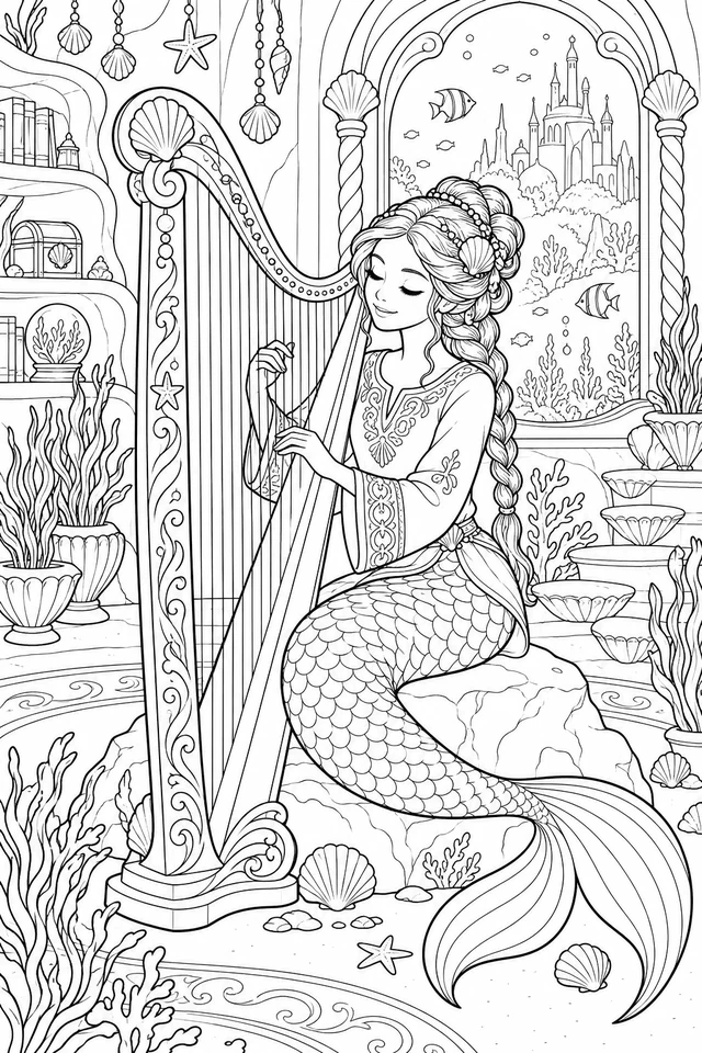 Clothed mermaid playing a tall shell-decorated harp, with a curled scaled tail, underwater plants, shelves and an arched window.