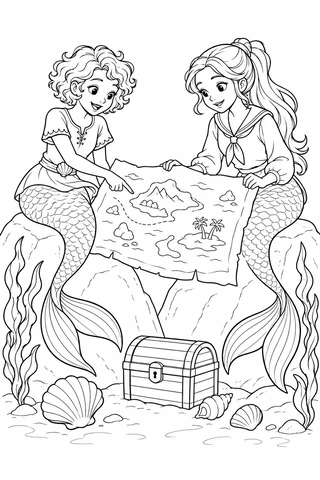 Two clothed mermaids sitting on rocks with one shared map, a closed treasure chest, shells and seaweed.