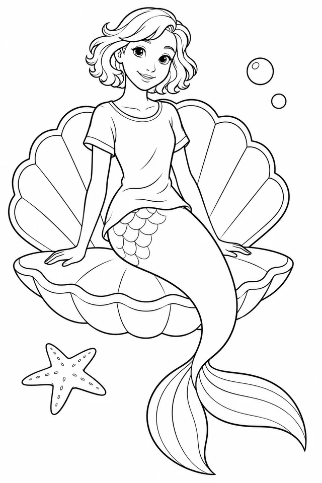 Clothed mermaid with short wavy hair seated on an open scallop shell, with a curved fish tail, starfish and bubbles.