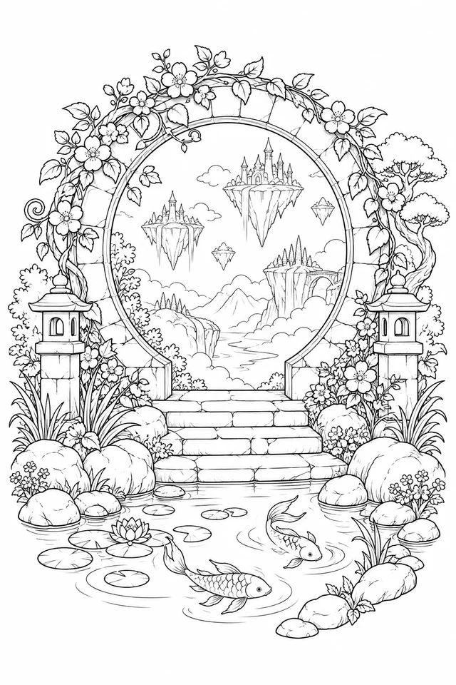 Circular garden gate with flowers and lanterns framing floating islands, with steps and a pond containing two fish.