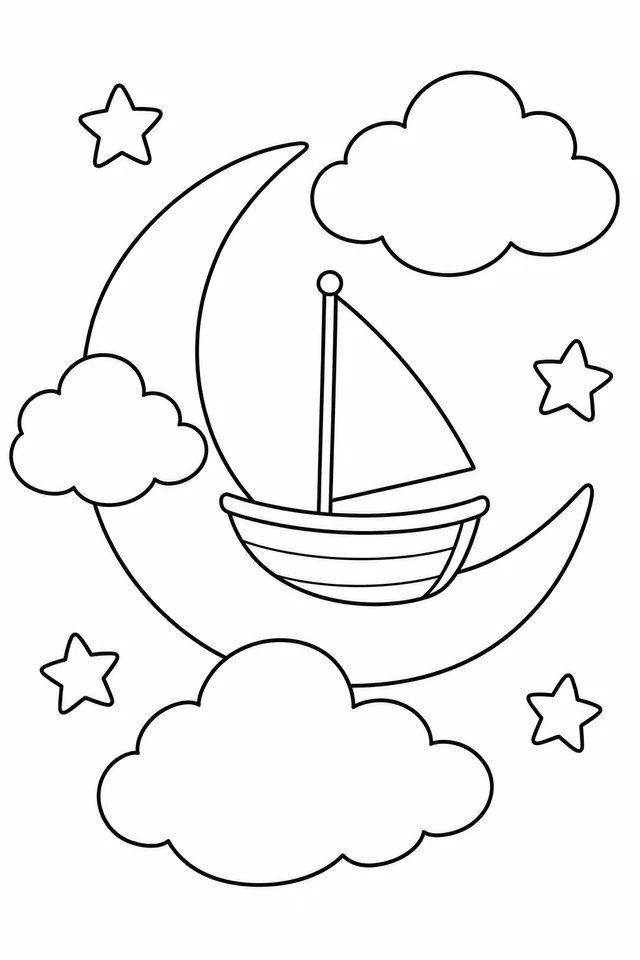 Small sailboat nestled in a crescent moon among three clouds and four stars.