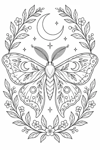 Detailed decorative moth coloring page with symmetrical patterned wings, a crescent moon and botanical frame.