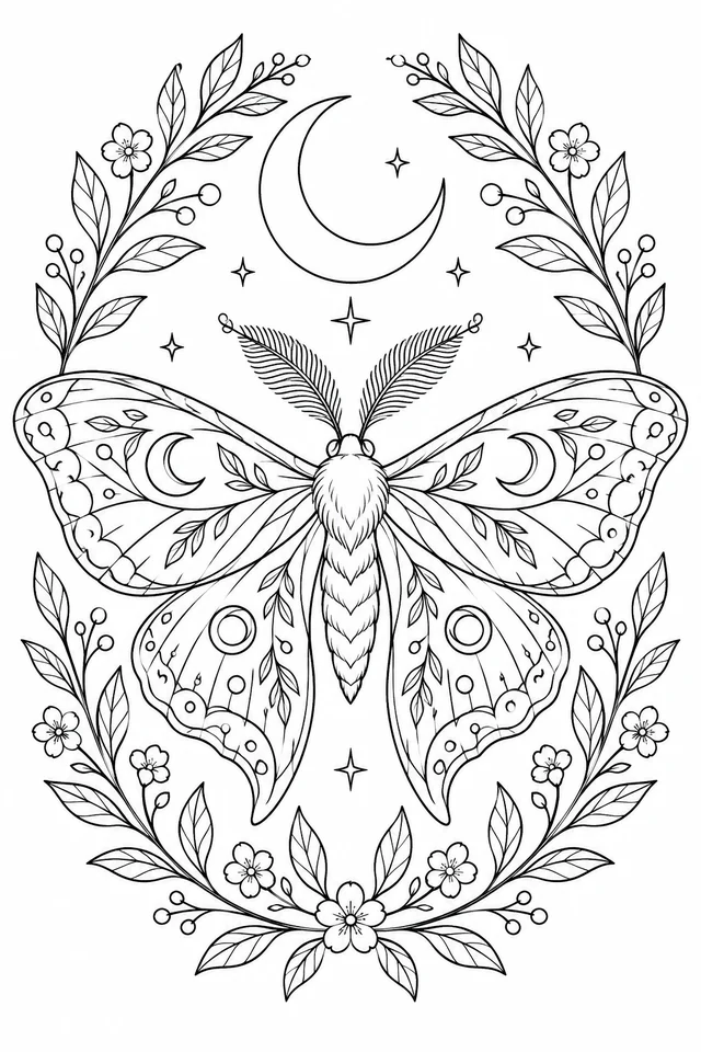 Detailed decorative moth coloring page with symmetrical patterned wings, a crescent moon and botanical frame.