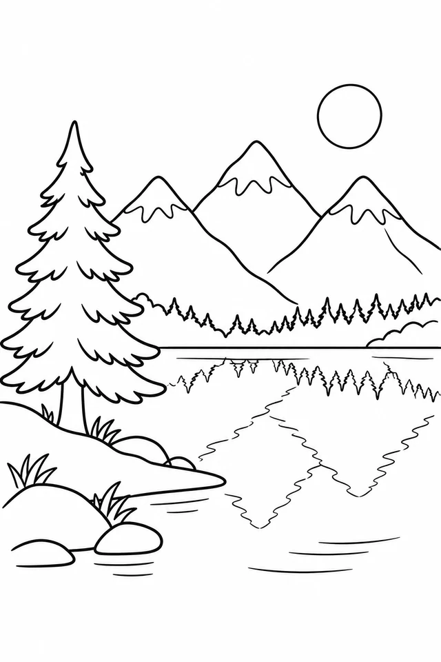 Three snow-capped mountains and a shoreline pine overlook a lake with mountain and tree reflections.