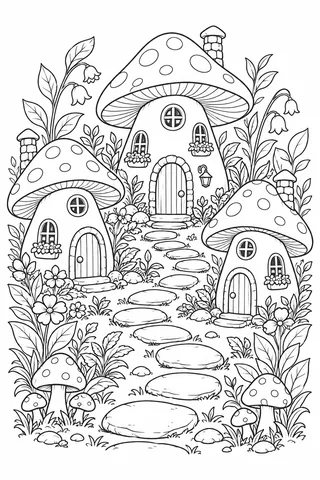 Outline coloring page of whimsical mushroom houses, leaves and a winding path.