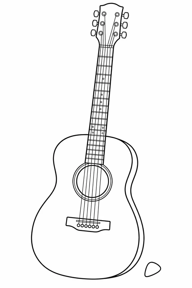 Front view of an acoustic guitar with six strings, six tuning pegs, a round sound hole and a small pick beside its smooth body.