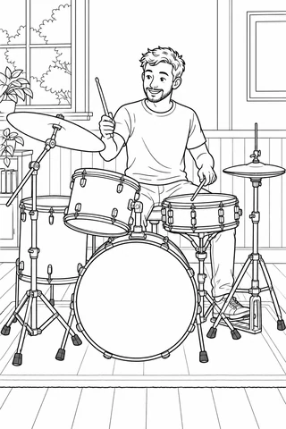 Seated drummer holding two sticks behind a drum kit with bass drum, snare, toms, hi-hat cymbals and a separate ride cymbal in a practice room.