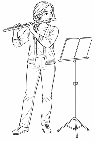 Standing flutist with a braid, cardigan and trousers holding a transverse flute horizontally at the mouth, beside a music stand with a blank open book.