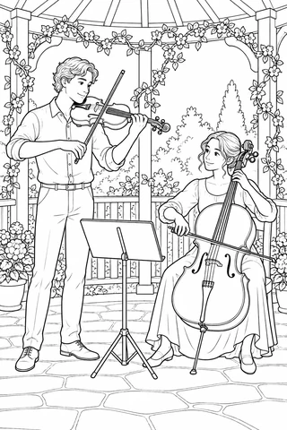 Standing violinist and seated cellist playing with bows in a garden pavilion, with a music stand, vines and flowers around the two musicians.