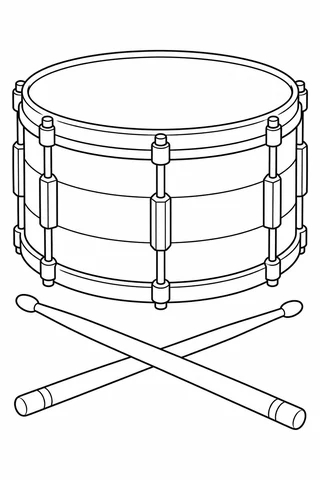 Large cylindrical drum with an oval top, metal rims, tension lugs and three wide bands around its shell, beside two crossed drumsticks.