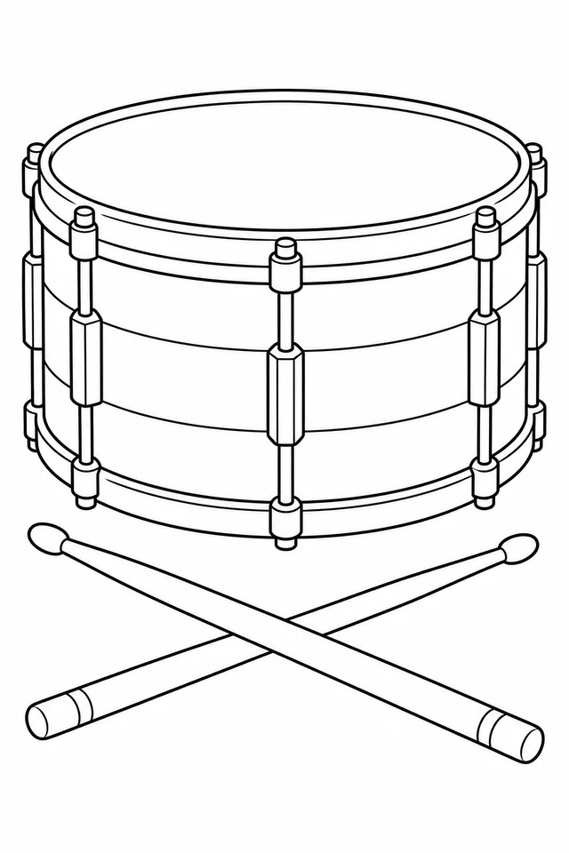 Large cylindrical drum with an oval top, metal rims, tension lugs and three wide bands around its shell, beside two crossed drumsticks.