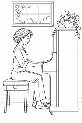 Side view of a woman seated on a bench at an upright piano, her hands reaching to the mostly hidden keys, with a window behind her and a leafy plant above the piano.