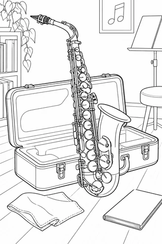 Alto saxophone with a curved neck and detailed keys beside an open instrument case, a folded cloth, a blank book and a music stand in a small room.
