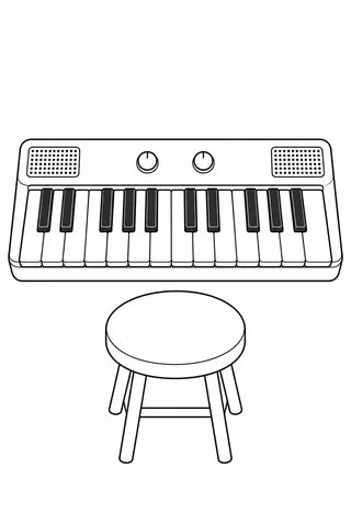 Small electronic keyboard with fourteen white keys, black keys grouped in twos and threes, two speaker grilles and two knobs, above a plain stool.