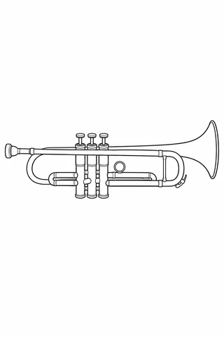 Side view of a complete trumpet with mouthpiece at left, three valve buttons, looping tuning slides and a flared bell at right on a plain background.