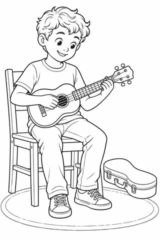 Boy with short wavy hair seated on a chair playing a four-string ukulele across his lap, with a rug and a closed instrument case near his feet.