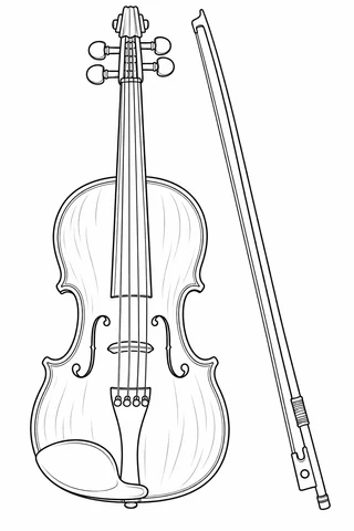 Upright violin with four strings, four tuning pegs, paired f-shaped openings and a chinrest, with a complete bow resting diagonally beside it.