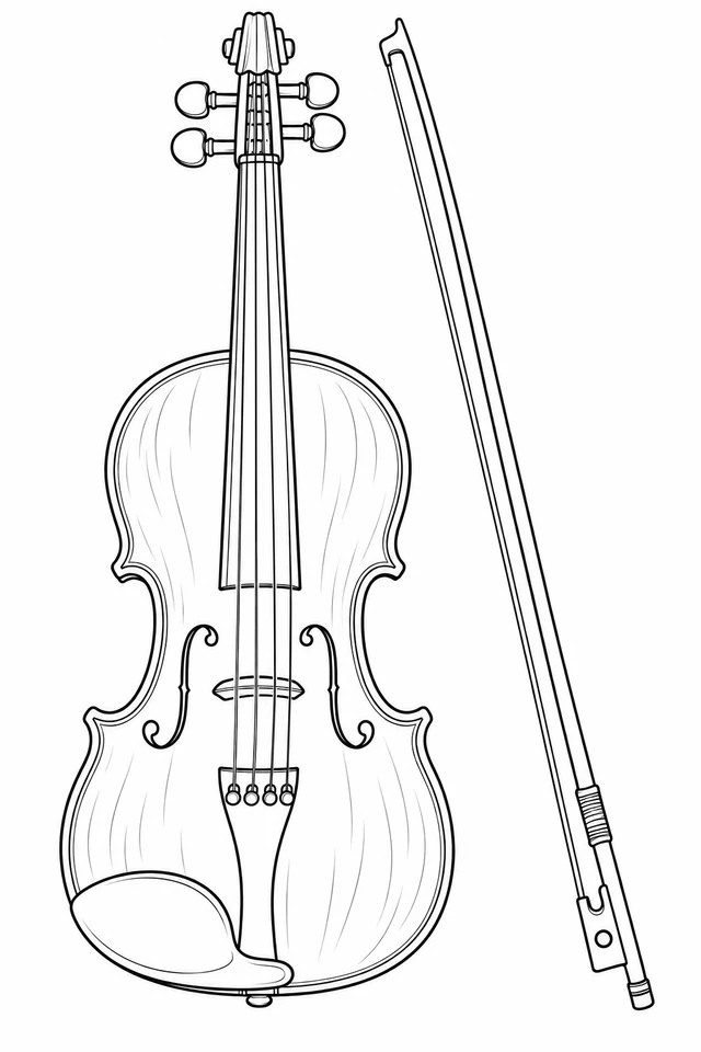 Upright violin with four strings, four tuning pegs, paired f-shaped openings and a chinrest, with a complete bow resting diagonally beside it.
