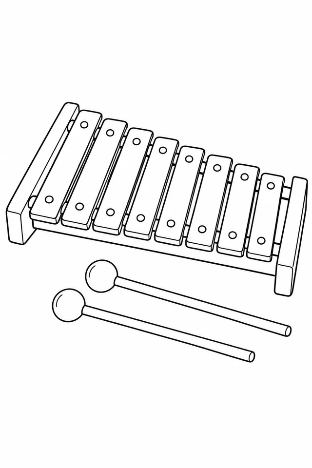 Tabletop xylophone with eight bars that decrease in length, round mounting pins and two round-headed mallets beside the wooden frame.