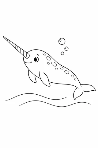 A spotted narwhal with one spiral tusk, two flippers and tail flukes swims above two wave curves and below three bubbles.