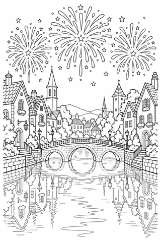 Three outlined fireworks above a riverside town with an arched bridge, roofed houses, lamps and reflections in the water.