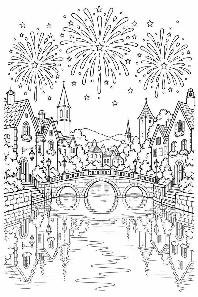 Three outlined fireworks above a riverside town with an arched bridge, roofed houses, lamps and reflections in the water.