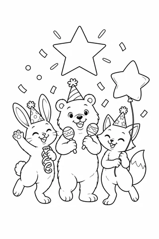 Rabbit with a streamer, bear holding two maracas and fox holding a star balloon, all wearing party hats.