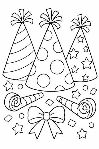 Three cone party hats with stripe, circle and star patterns above two curled paper horns, a bow and large confetti shapes.