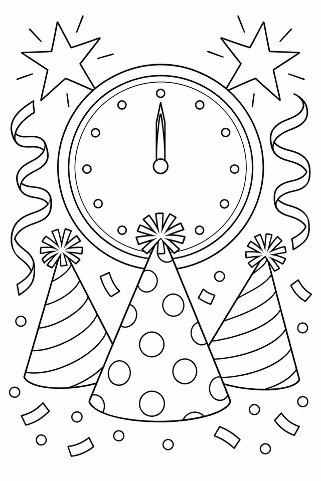 A round clock with both hands pointing upward above three striped and dotted party hats, stars, ribbons and confetti.