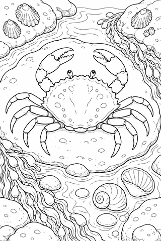 Overhead crab with two claws and eight walking legs on a flat rock beside a coastal pool, surrounded by seaweed, limpets, shells and pebbles.