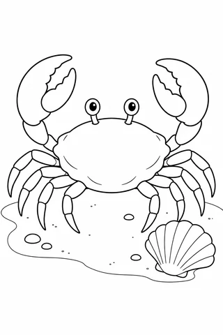 Crab with two raised pincer claws, two eye stalks and eight walking legs on a sandy patch beside a scallop shell.