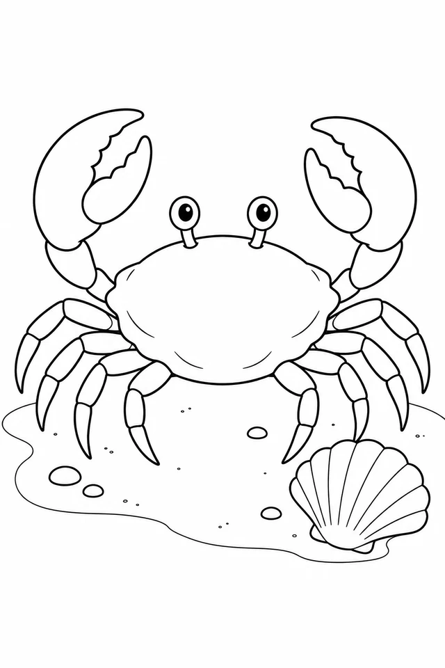 Crab with two raised pincer claws, two eye stalks and eight walking legs on a sandy patch beside a scallop shell.